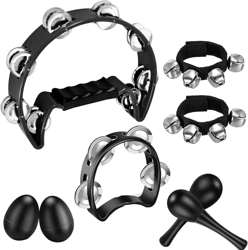 MOONBACK 8 Pcs Tambourines for Adults Metal Jingles Hand Held Percussion Half Moon Tambourine, 4 Bells Tambourine, Wrist Bells, Egg Shakers, Sand Hammer, Hand Percussion Instrument Set for Party, KTV, Church - Image 1